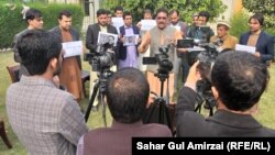 Afghan media workers staged a protest in Nangarhar Province in November following the targeted killing of Radio Free Afghanistan journalist Mohammad Ilyas Dayee.