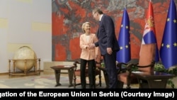 Predsednica EVropske komisije Ursula fon der Lajen sa predsedniom Srbije Aleksandrom Vučićem u Beogradu, 25. oktobra 2024.