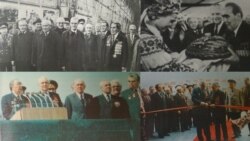 КОЛЛАЖ: 1) Ліворуч зверху: делегація генсека у Москві 8 травня 1981 року; 2) Праворуч зверху: генсек в аеропорту в Києві 8 травня 1981 року; 3) Ліворуч: Брєжнєв і Щербицький на трибуні на площі Музею 9 травня 1981 року 4) Праворуч знизу: Брєжнєв і Щербицький відкривають будівлю Музею 9 травня 1981 року