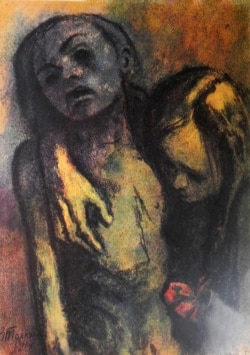 «Газова камера» із серії «Майданек», Зіновій Толкачов, 1944 рік. Саме ця картина та 34 інші були створені у містечку Соколув після відвідання художником концтабору «Майданек». Толкачов поспішав, аби встигнути закінчити серію робіт до початку судового процесу над персоналом табору, який був запланований на кінець 1944 року. Репродукція надана Центром досліджень історії та культури східноєвропейського єврейства