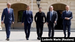 (Left to right:) German Chancellor Friedrich Merz, French President Emmanuel Macron, Ukrainian President Volodymyr Zelenskyy, UK Prime Minister Keir Starmer, and Polish Prime Minister Donald Tusk in Kyiv in May