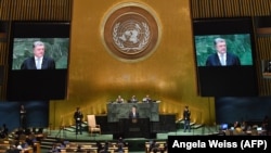 Президент Украины Петр Порошенко во время выступления на Генеральной ассамблее ООН. Нью-Йорк, 26 сентября 2018 года