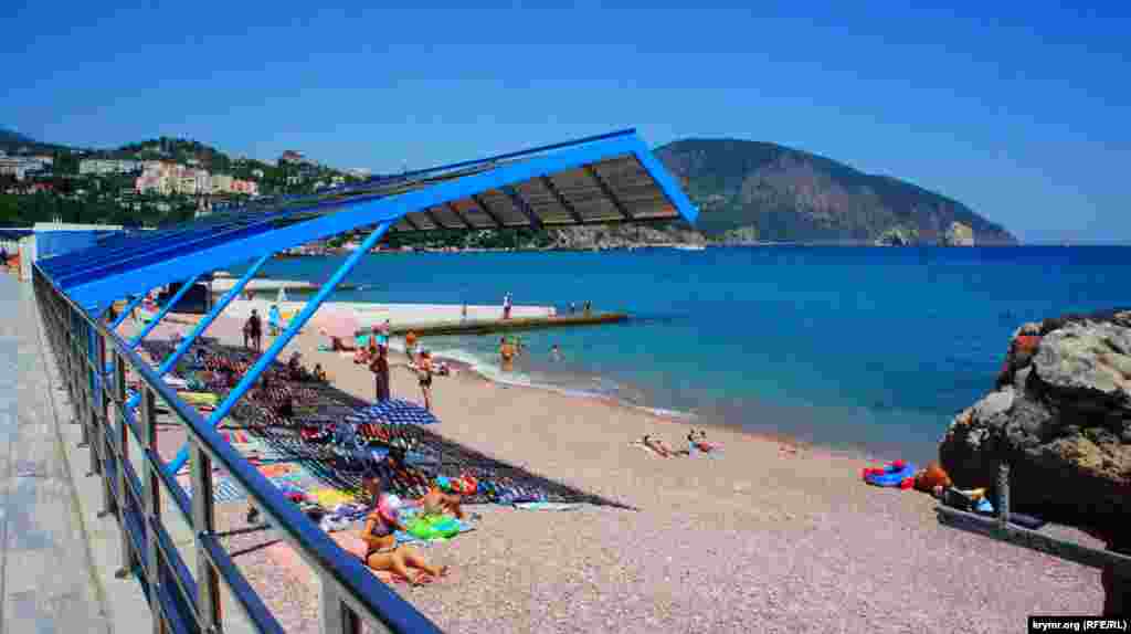 Пляжи на главной набережной Гурзуфа. Некоторые наполовину пусты, как на фотографии, на некоторых людей побольше. Есть мнение, что больше всего туристов в Гурзуф приезжает в августе. В таком случае места точно хватит всем