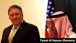U.S. Secretary of State Mike Pompeo (left) attends a news conference with his Saudi counterpart Adel al-Jubeir, in Riyadh on April 29.