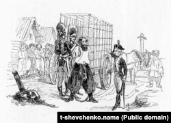 Малюнок Тараса Шевченка «Суворов відправляє Пугачова до Москви». Ватажка повстанців у металевій клітці закутого в кайдани відправили до Москви, де його було скарано на смерть 10 січня 1775 р