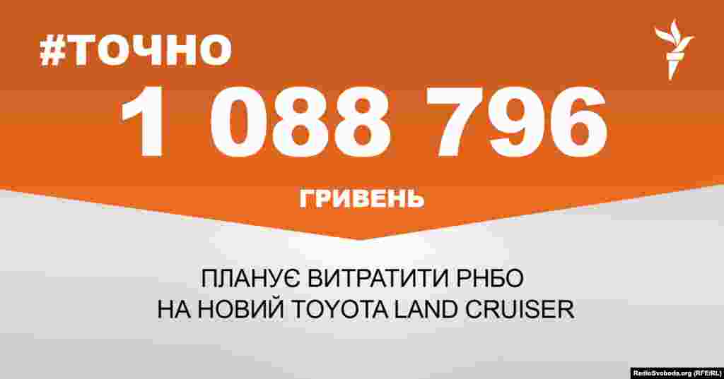 1 088 796 гривень планує витратити РНБО на новий Toyota Land Cruiser.&nbsp;&nbsp; ДЖЕРЕЛО ІНФОРМАЦІЇ Сторінка проекту Радіо Свобода&nbsp;#Точно