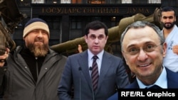 Коллаж: Рамзан Кадыров, сенатор Сулейман Керимов и депутаты Бекхан Барахоев и Ризван Курбанов