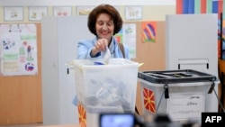 Gordana Siljanovska-Davkova, the opposition candidate in North Macedonia's presidential runoff, casts her ballot at a polling station in Skopje on May 8.