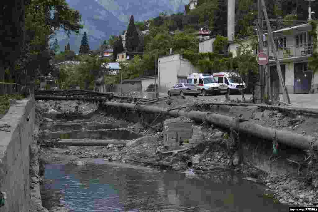 Русло реки Учан-Су в районе станции «скорой помощи» на улице Бирюкова, которая вышла из берегов в результате обильных осадков в середине июня 2021 года. Русло в течение месяца очистили от ила и камней, но результаты воздействия воды все еще видны Подробнее – здесь 