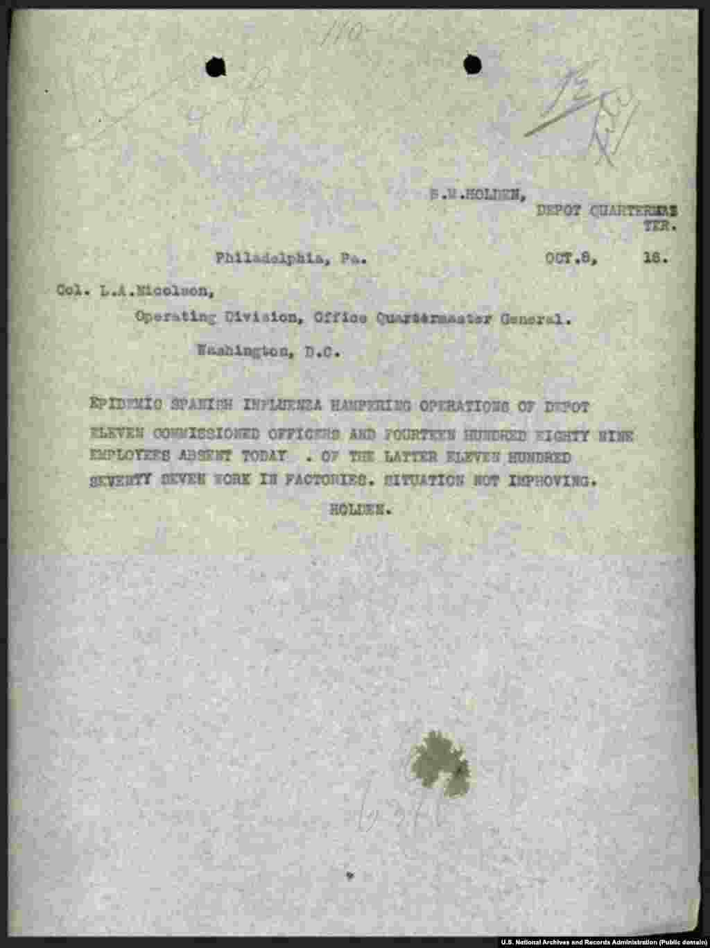 Рапорт про кризу з особовим складом на військовій базі в Філадельфії 8 жовтня 1918 року. У рапорті до канцелярії Генерального квартирмейстера США у Вашингтоні повідомляється, що 11 офіцерів і 1489 співробітників «відсутні на роботі» і ситуація не покращується.