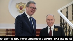 Predsednik Srbije Aleksandar Vučić sa ruskim predsednikom Vladimirom Putinom u Moskvi, 9. maj 2025.