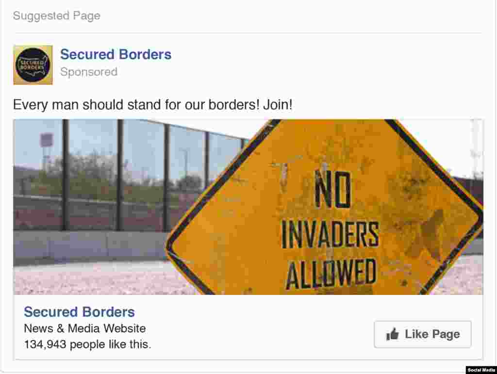 Сообщество «Безопасные границы» публиковало многочисленные материалы, направленные на поддержку одного из кандидатов на выборах – Дональда Трампа, против Хиллари Клинтон. Надпись на знаке: «Захватчикам путь закрыт». Сейчас это сообщество заблокировано. У него было 135 тысяч сторонников. У аналогичного сообщества с американскими корнями всего 8,5 тысяч последователей. 