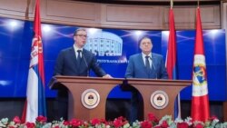 Predsjednik Srbije Aleksandar Vučić i predsjednik Republike Srpske Milorad Dodik na konferenciji za novinare u Banjaluci, 26. februara 2025.