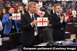 Mai mulți europarlamentari și-au arătat susținerea pentru Zurabișvili, ridicând steagul georgian. Strasbourg, 18 decembrie.