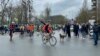 Serbia - Novi Sad - Students on bicycles ride to Strasbourg to show the European public that the government in Serbia did not fulfill the students' demands regarding the fall of the canopy