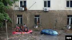 Ведмідь сидить на вікні другого поверху будівлі на затопленій вулиці в Тбілісі, 14 червня 2015 року