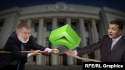 Колаж із олігархом Ігорем Коломойським (л), президентом України Володимиром Зеленським (п) і логотипом «Приватбанку» (ц)