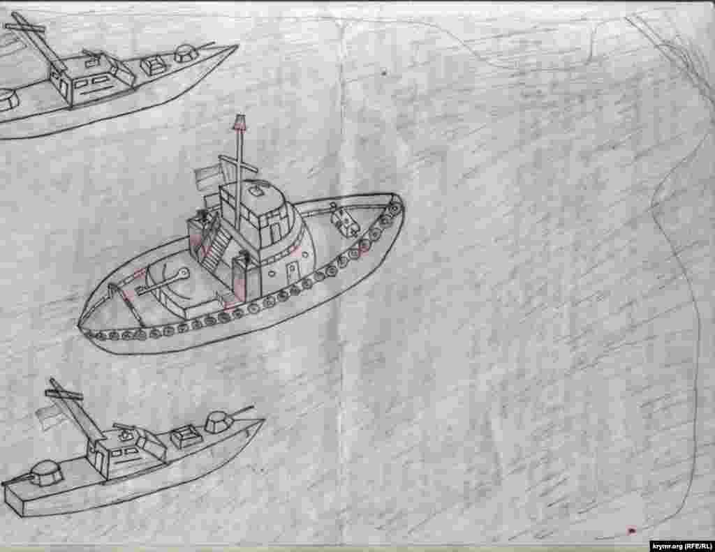 Захваченные, а позже возвращенные катера «Бердянск», «Никополь» и буксир «Яны Капу». Рисунок одного из украинских моряков