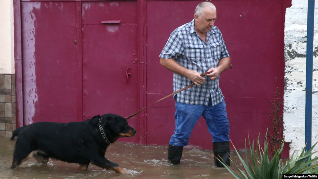 Мужчина с собакой на подтопленной улице в результате наводнения 