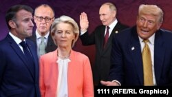 Коллаж: Макрон, Мерц, фон дер Ляйен, Путин, Трамп