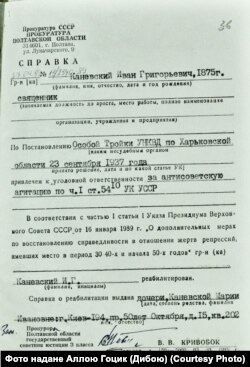 Довідка про реабілітацію Івана Каневського