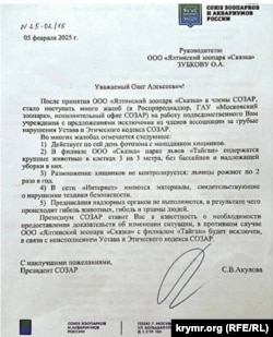 Письмо Олегу Зубкову от руководителя СОЗАР Светланы Акуловой
