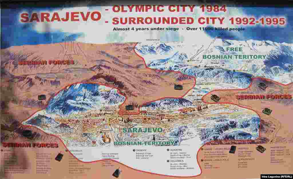 Карта осады Сараево сейчас выставлена в музее "Туннель жизни". Узкий светлый перешеек на карте - не выход из города. Это аэропорт, находившийся под контролем "голубых касок" ООН. В 1993 году сараевци прорыли под ним туннель.