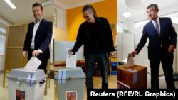 Лідер партії «Свобода і пряма демократія» Томіо Окамура, голова Чеської піратської партії Іван Бартош і лідер руху ANO Андрей Бабіш голосують на парламентських виборах, Прага, Чехія, 21 жовтня 2017 року (комбіноване фото)