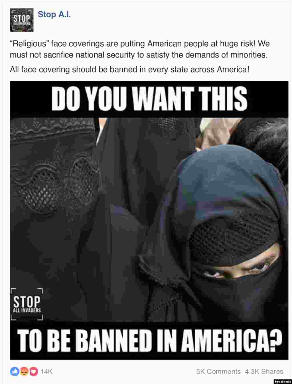 "Мы не будем жертвовать безопасностью ради того, чтобы ублажать требования меньшинств", – гласит этот пост. В нем тоже предлагается принять участие в кампании против бурки.