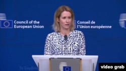 Чільна дипломатка ЄС Кая Каллас на пресконференції після засідання міністрів закордонних справ ЄС у Брюсселі, Бельгії, 15 липня 2025 року