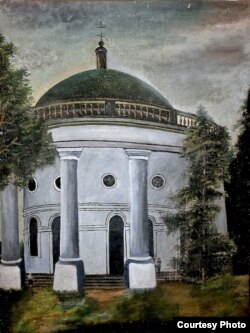 Олійне полотно з яготинською Троїцькою церквою авторства Павла Василенка, яке експонується в Яготинській картинній галереї (фотокопія з електронного архіву авторки)