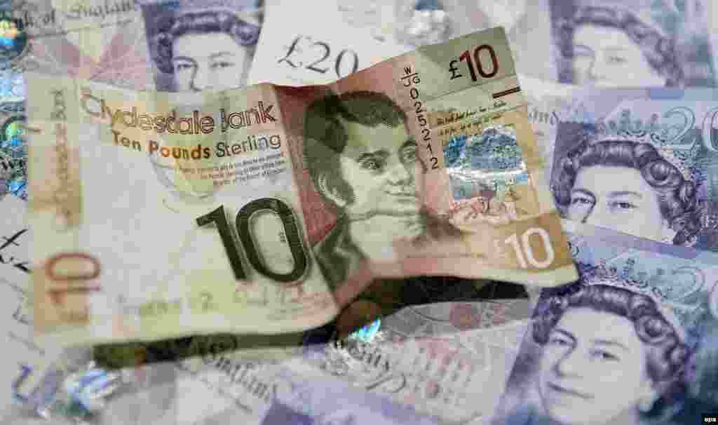 Несмотря на то, что Шотландия не является самостоятельным государством, три шотландских банка имеют право на выпуск собственных банкнот (на фото - банкнота сверху). Официально эти банкноты не носят название "шотландских фунтов", их номинал обозначен в фунтах стерлингов