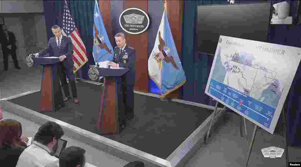 Брифинг в Пентагоне после того, как США нанесли удар по иранским ядерным объектам во время израильско-иранского конфликта в Арлингтоне, штат Вирджиния, США, 22 июня 2025 года. Министерство обороны США