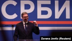 Predsednik Srbije Aleksandar Vučić na skupu Srpske napredne stranke u Beogradu, 12. april 2025.