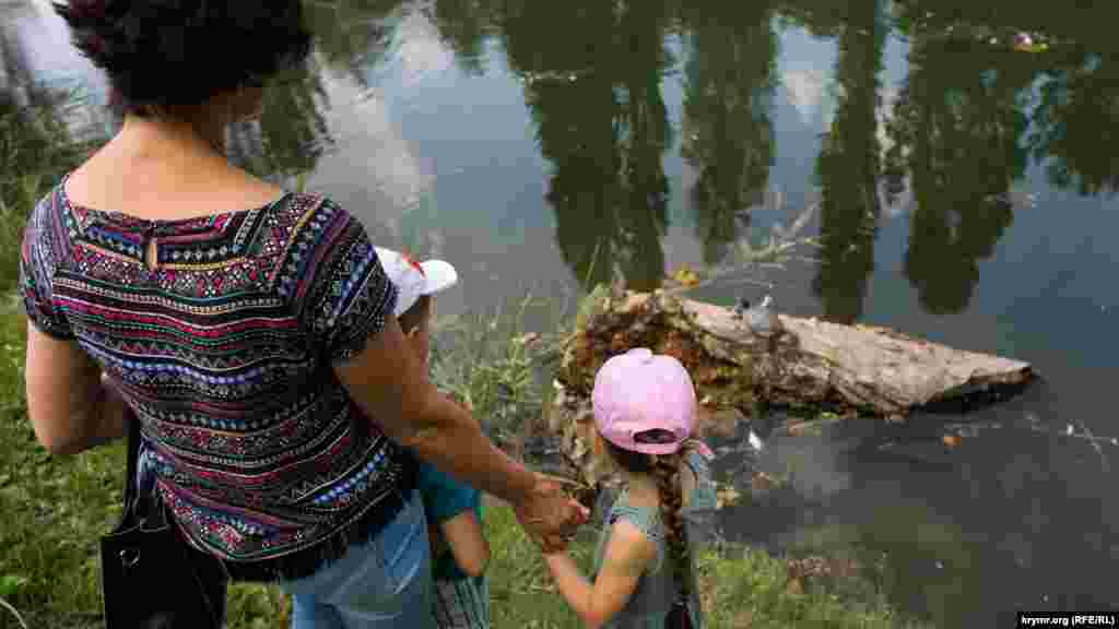 Женщина с детьми наблюдает за черепахой, «загорающей» на бревне в пруду парка имени Гагарина