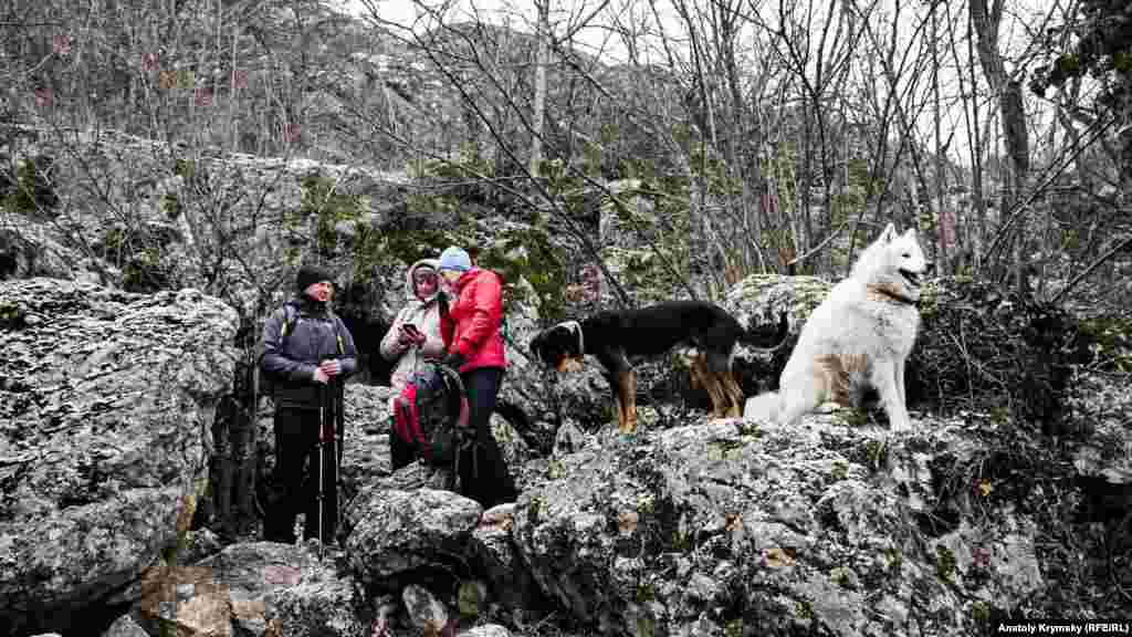 За спинами туристов – вход в пещеру Ени-Сала III. Местные собаки «безвозмездно» сопровождали туристов до самой пещеры.