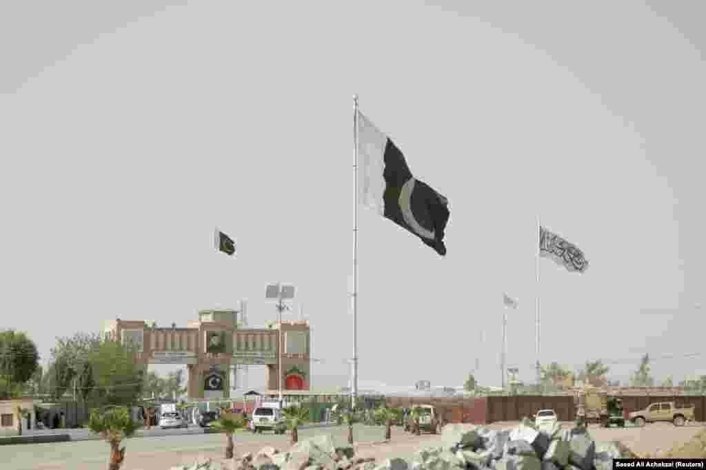 The Pakistani flag flies over the Friendship Gate crossing point in Chaman.
