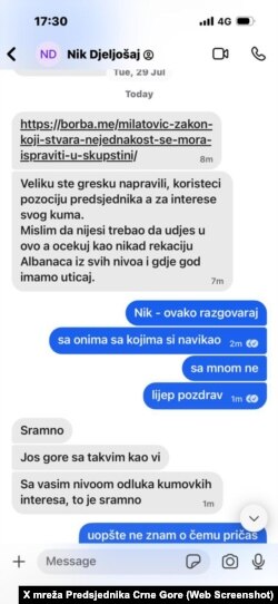 Komunikacij između predsjednika države Milatovića i potpredsjednika Vlade Đeljošaja