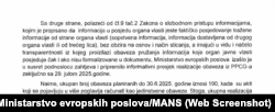 Odgovor Ministarstva na zahtjev za slobodan pristup informacijama, preko NVO MANS