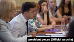 Ukrainian President Vladimir Zelenskiy at a meeting with the families of Ukrainian sailors detained last year by Russian forces in the Kerch Strait.