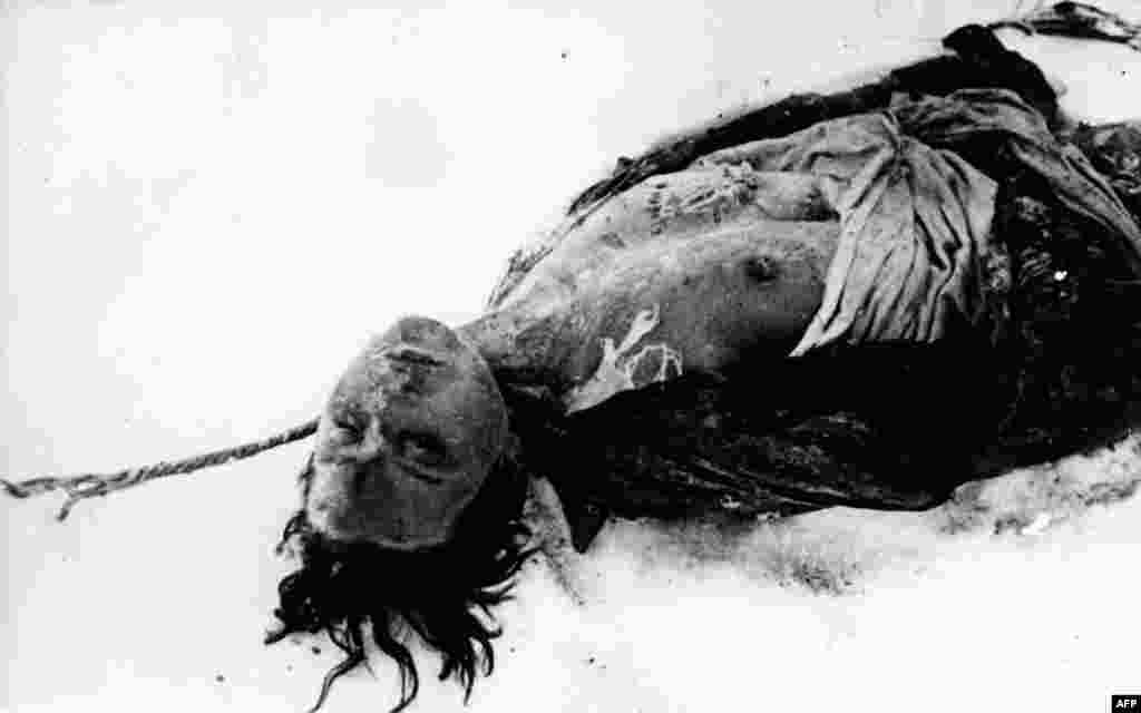 Дівчина-партизанка після катування і повішення її нацистами. Дімблбі пише про членів нацистських ескадронів смерті так: «Не були п’яницями, витягнутими з вулиці, або наркоманами, які не мали розумових здібностей… Це були освічені люди, це були люди, які були лікарями, які пройшли університет, були державними службовцями, які зголосились виконати це завдання»