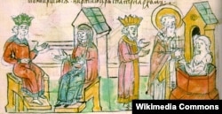 Княгиня Ольга в Царгороді. Мініатюра з Радзивіллівського літопису, ХV століття