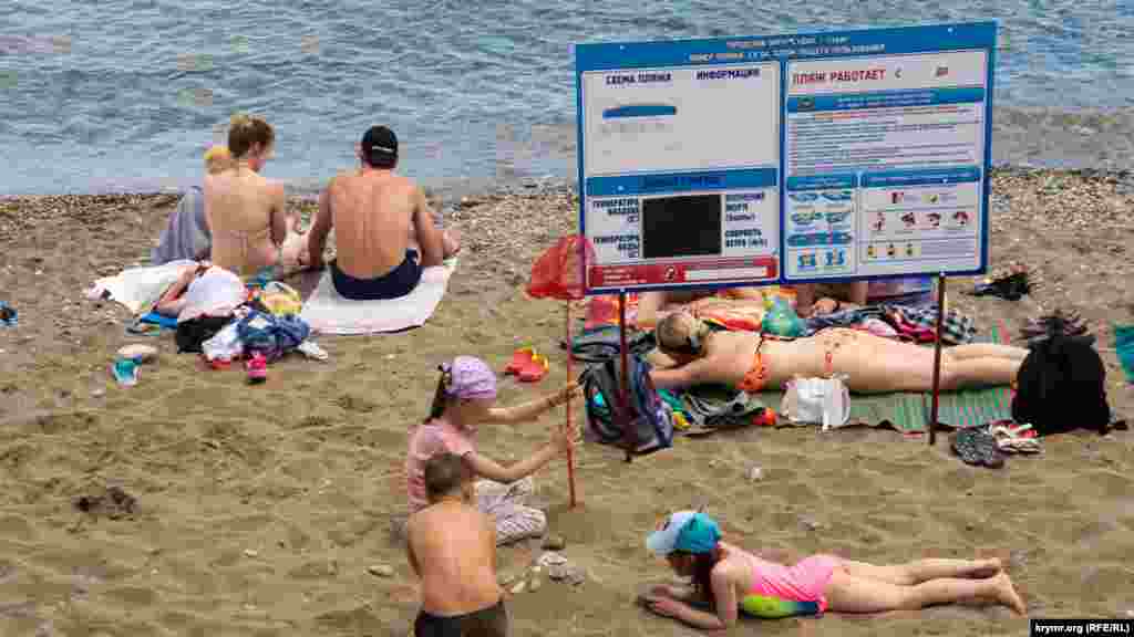 Погодные данные на информационных щитах на всех поселковых пляжах почему-то закрыты черной наклейкой. Спасатели же на пляжах заверили, что, к примеру, по состоянию на 8 июня температура морской воды составляла +16-17° по Цельсию