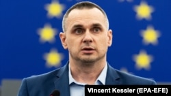 Український кінорежисер, колишній політв’язень Кремля Олег Сенцов у Європейському парламенті. Страсбуг, 26 листопада 2019 року