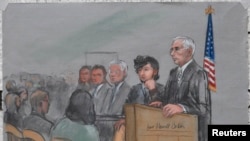 Рисунок с изображением Джохара Царнаева в суде