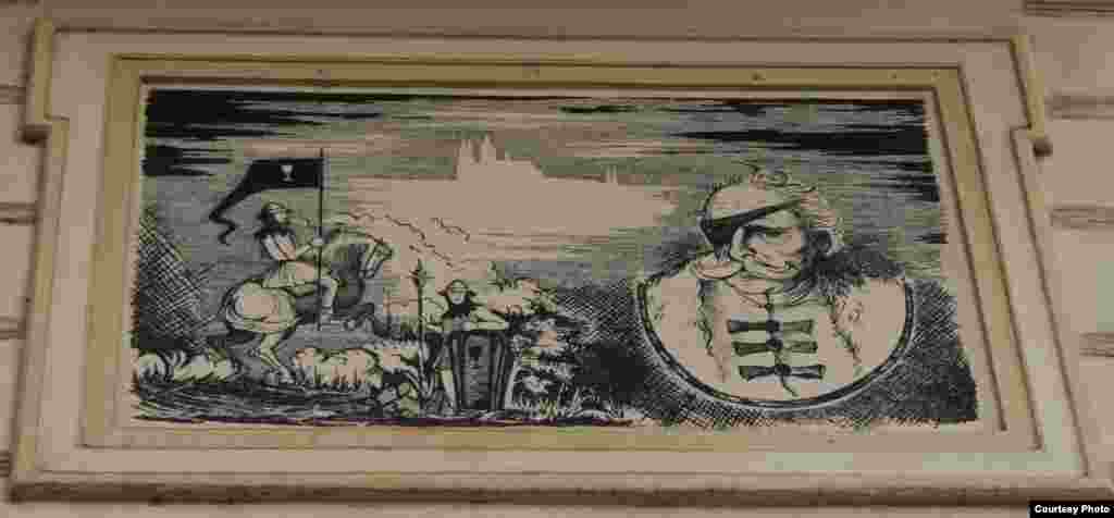 Из-за своей неуемной жестокости Ян Жижка получил прозвище "Страшный слепец". Умирая в 1424 году он чумы, гуситский вождь, как гласит легенда, завещал, чтобы с него сняли кожу и натянули на барабан - полководец хотел и "оттуда" наводить ужас на врагов. Вот какой это был человек! Панно на стене дома на углу Сейфертовой и Красовой улиц.  