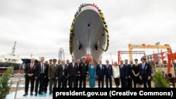 Український корвет «Гетьман Іван Мазепа» класу Ada у день спуску його на воду. Стамбул, Туреччина, 2 жовтня 2022 року