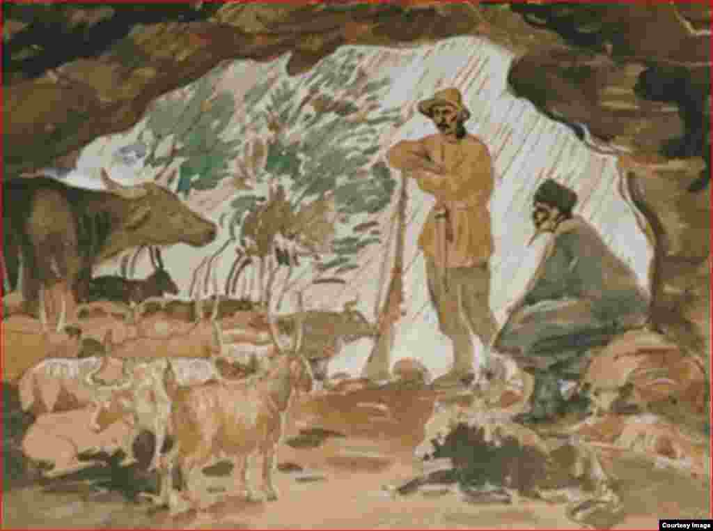 Шлепнев В.С. Пастухи в пещере. Северный Кавказ. 1920-е (Василий Шлепнев (Шлипнев) был участником разных выставок.  Поездка по Северному Кавказу раскрыла большие возможности этого художника в цвете и ещё раз показала, как важно для творческого человека окунуться в действительность с её острыми противоречиями. Основная часть созданного им во время экспедиции 1924-1925 годов хранится в Ставропольском краеведческом музее изобразительных искусств, в художественном музее Дагестана.)