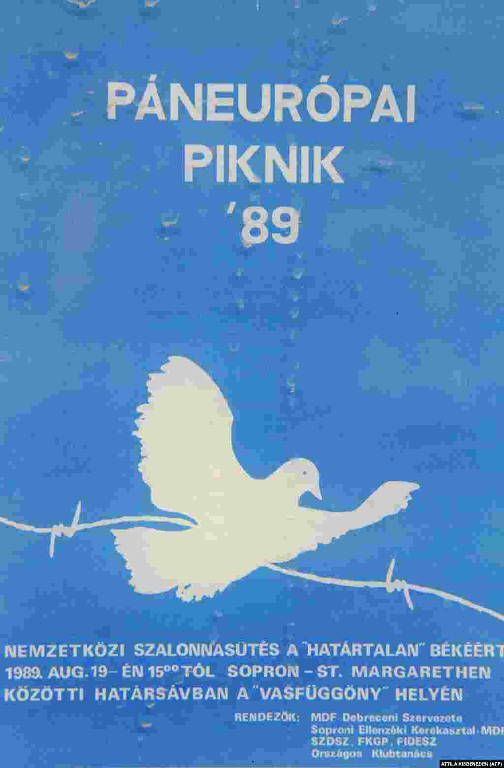 Плакат із рекламою «Пан’європейського пікніка» - заходу, організованого угорськими опозиційними партіями 19 серпня. «Пікнік» планувався як символічна зустріч німців, австрійців і угорців на австрійсько-угорському кордоні