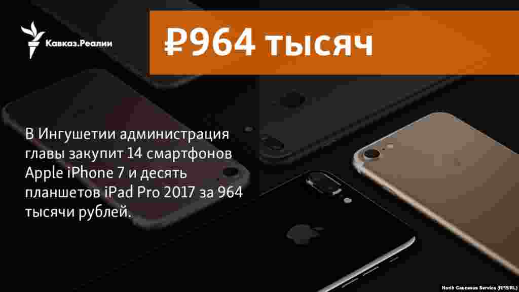 20.12.2017 // В Ингушетии администрация главы закупит 14 смартфонов Apple iPhone 7 и десять планшетов iPad Pro 2017 за 964 тысячи рублей